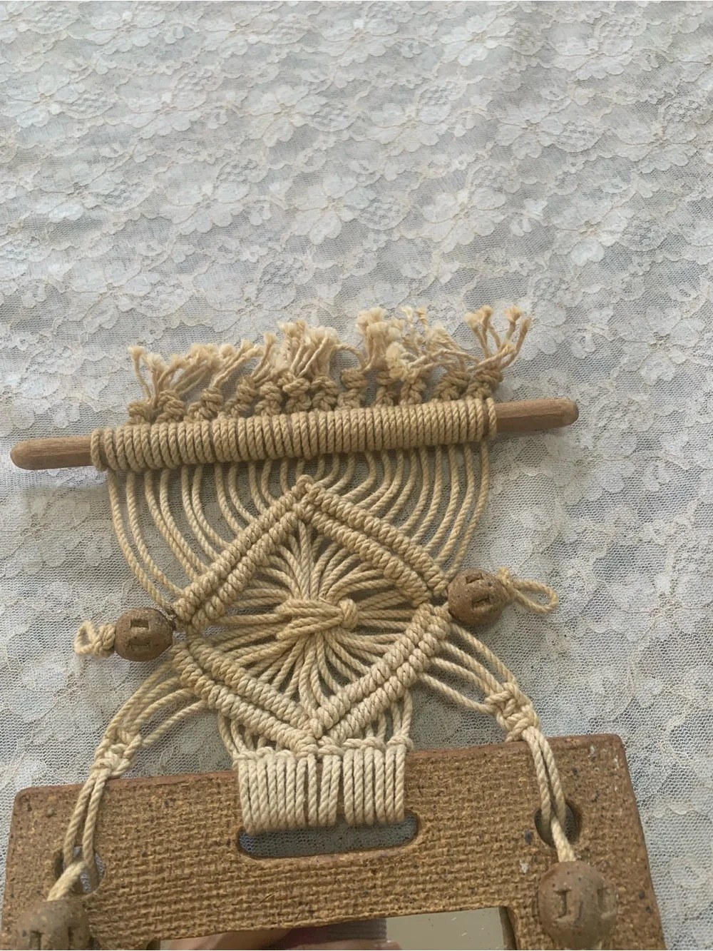 Vintage Boho Macrame Mirror Wall Hanging Textured Craft Frame & Tassels Decor